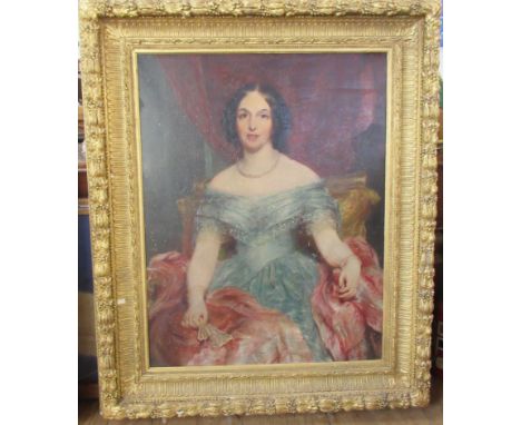 A 19th century oil on canvas, portrait of a woman in turquoise dress, indistinctly signed, 37ins x 29insCondition Report:  Th