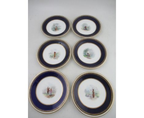 Six Grainger Worcester plates decorated with central panels of figures in a landscape to a deep blue and gilt boarder diamete