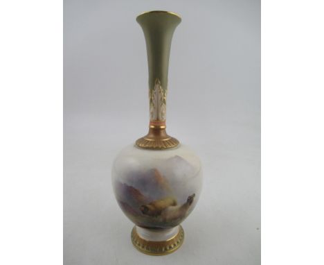 A Royal Worcester open shaped vase decorated with sheep in a landscape by Ernest Barker Shape No 1651 height 9ins  Condition 
