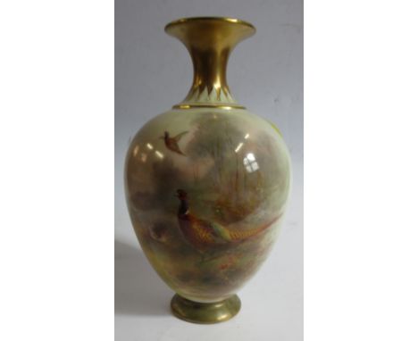 A Royal Worcester pedestal vase, decorated with pheasants in landscape by Jas Stinton, height 7ins