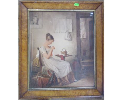 A 19th century watercolour, seated girl sewing, 16.5ins x 14ins, together with another 19th century watercolour portrait, sig