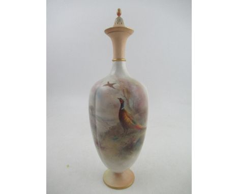 A Royal Worcester covered vase decorated with a cock pheasant in a glade by James Stinton shape No 790, with associated cover