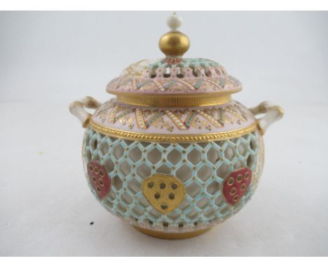 A Royal Worcester reticulated sugar bowl and cover by Henry Bright, with small vignette landscape panels  height 4.75ins   Co