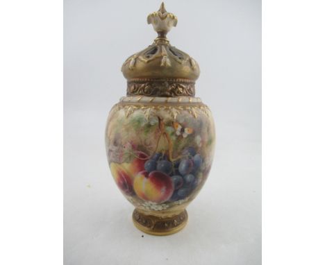 A Royal Worcester crown top pot pourri decorated half round with hand painted fruit by Ricketts, no inner cover, outer cover 