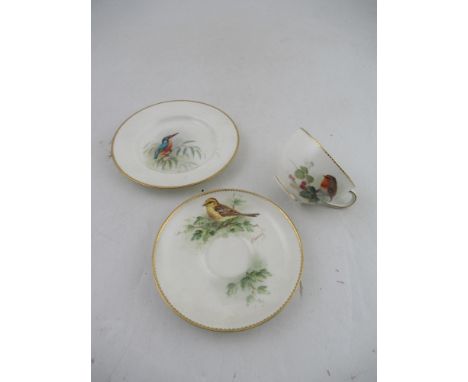 A Royal&nbsp; Worcester tea cup decorated with a robin by Powell , a&nbsp; saucer decorated with a Yellow Bunting by Townsend