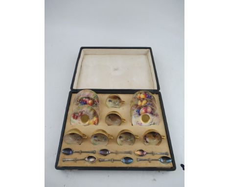 A Royal Worcester cased set of 6 miniature tea cups and saucers decorated with hand painted fruit  by Price, Ricketts, Hale a