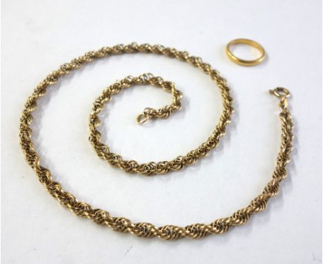 A 9ct yellow gold rope twist neck chain, Sheffield 1982, 46cms long, 16.3g, and a 22ct yellow gold wedding band, London 1941,