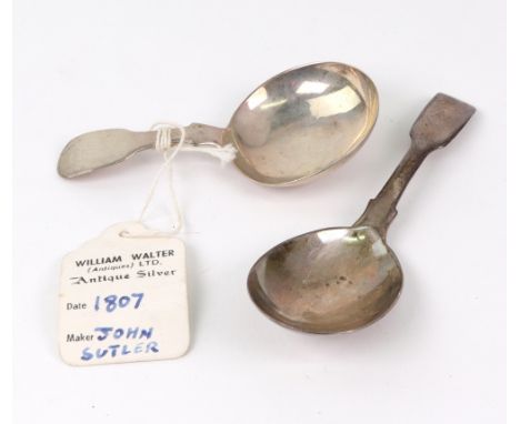 A George III silver fiddle pattern caddy spoon, John Sutler, Newcastle 1807, with oval bowl and another, John Osment, Exeter 