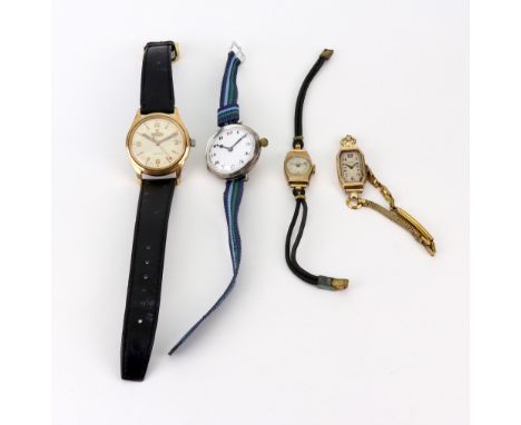 A gent's gold plated Roamer super-shock manual wind mechanical wristwatch, with centre seconds and leather strap, two Swiss 9