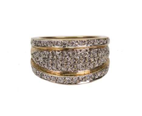 A 9ct yellow gold and pave diamond set ring, Sheffield 1997, ring size N/O, 9g gross.