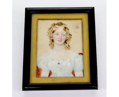 English School, 19th Century, Portrait miniature of a girl in a white dress, watercolour heightened with white, 8.2 x 6.2cm.