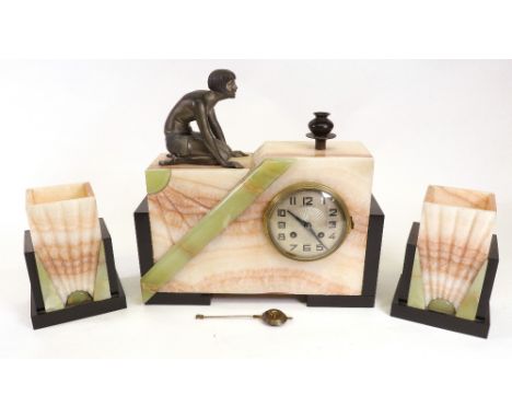 Kep le Pou Brest:  An Art Deco onyx marble clock garniture, the stepped rectangular case with circular engine turned dial and