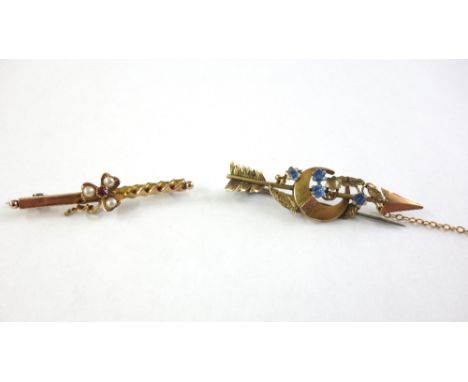 A 9ct gold arrow and crescent brooch, Chester, circa 1905, and a 9ct gold seed pearl and ruby bar brooch, Birmingham 1901, 4.