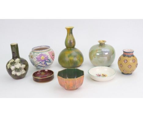A group of decorative pottery vases including Wilkinsons Oriflamme globular vase in veined green lustre glaze, printed 'Butle