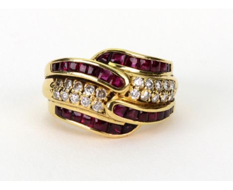 An 18ct yellow gold garnet and diamond abstract ring, with four rows of small brilliant-cut diamonds and domed topped garnets