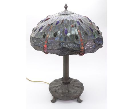 A reproduction Art Nouveau style table lamp with dragonfly shade, 60cm high.