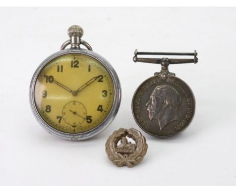 A First World War medal to 240975 PNR. E. G. Wright R.E., an open face pocket watch in chromium case, with military markings 