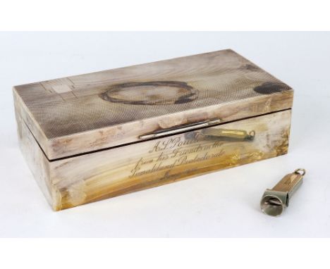 An Art Deco style silver cigarette box, Walker &amp; Hall, Sheffield 1949, with engine turned hinged cover, 18 x 9cm, inscrib