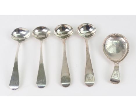 A pair of William IV Old English pattern silver salt spoons, James Barber &amp; William North, York 1837, and a similar pair,