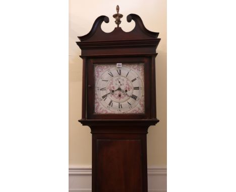 A George III mahogany longcase clock, with later painted square enamel dial, freestanding pilasters, long moulded trunk door,