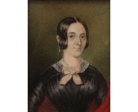 English School, 19th Century, A portrait miniature of a lady wearing a pink ribbon, watercolour, 11 x 8cm.