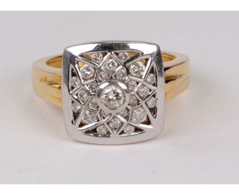 A modern 18ct gold and diamond square cluster ring, the white gold oblong pierced mesh head set with small diamonds around a 