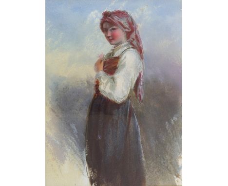 European School, 19th Century, Portrait of a girl in a head scarf holding a flower; and a companion, a pair, watercolour and 
