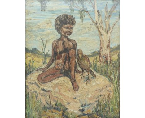 Jo Mills (Australian, 20th Century), An Aboriginal boy with a bird, signed 'Jo Mills' (lower left), oil on canvas board, 49.5