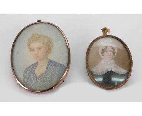 English School, 19th Century, A portrait miniature of a lady, watercolour, 6 x 4.8, together with a 20th Century portrait min