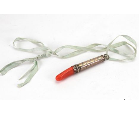 An early 19th century silver mounted coral teether, apparently unmarked, circa 1800, engraved with spiral bands and contempor