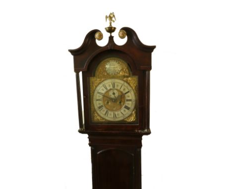 James Somersett: a George III oak longcase clock, the arched hood with swan neck pediment and orb and eagle finial, having fr