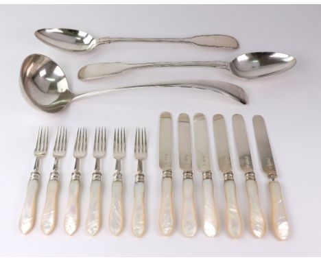 A set of six pairs of Edwardian silver and mother of pearl handled dessert knives and forks, William Hutton & Sons, London 19