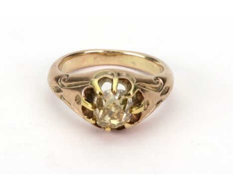 A diamond single stone ring, the yellow/brown old-cut diamond approx. 1.20cts, claw-set in gold, unmarked, ring size M/N, 6.1