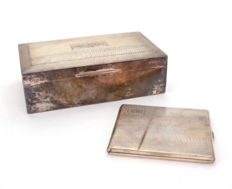 An Art Deco silver cigarette box, Birmingham 1946, the hinged engine turned cover inscribed in a cartouche, 16.5 x 10cm, and 