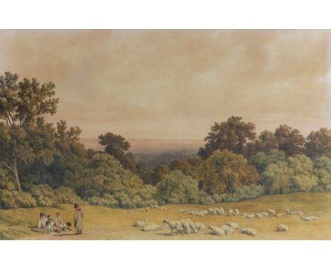 Robert Hills (British, 1769-1844), A landscape with figures and sheep, signed and dated 'R Hills 1820' (lower right), waterco