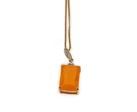 A 9ct yellow gold and step-cut fire opal pendant, the mount and suspension loop set within small white stones, on a chain sta