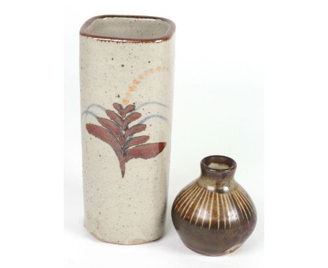 David Leach (1911 - 2005), Lowerdown Pottery, a spill vase square section, painted foxglove in tenmoku, blue and orange glaze