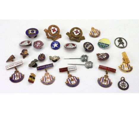 A collection of vintage badges, mostly gilt metal and enamel including Saints Speedway Supporters Club, Thornycroft 1939, Guy