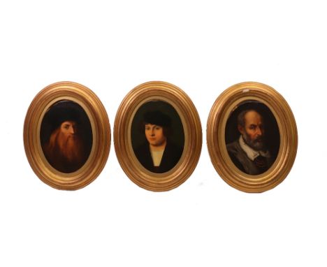 After Leonardo De Vinci, Self portrait, oil on board, 21 x 15cm, en tondo, together with two other portraits after Old Master