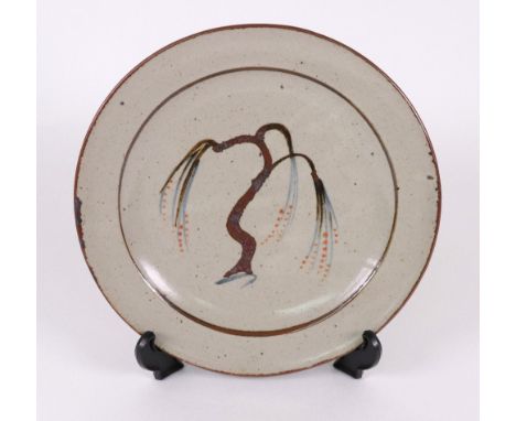 David Leach (1911 - 2005), Lowerdown Pottery, a stoneware dish painted with a willow tree in tenmoku, pale blue and orange, i