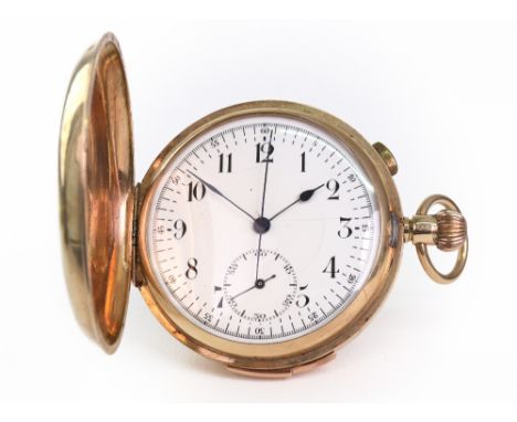 A 9ct gold hunter cased, quarter repeating keyless pocket watch with stop-start, circa 1925, the Swiss keyless lever movement