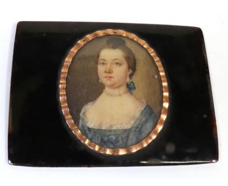 English School, 18th Century, A portrait miniature of a lady in a blue dress, wearing a pearl choker and pearl earrings, wate