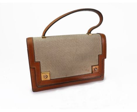 A vintage Hermes tan leather and fabric 'Piano' handbag, circa 1960s/70s, with fitted interior, original coin pouch and mirro