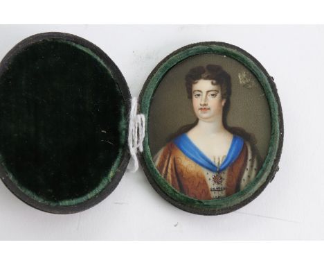 English School, 17th/early 18th Century, A portrait miniature of a lady wearing a brown and ermine dress and a blue ribbon wi