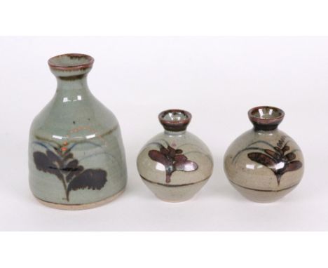 David Leach (1911 - 2005), Lowerdown Pottery, two miniature stoneware vases and bottle, each painted in a foxglove in tenmoku