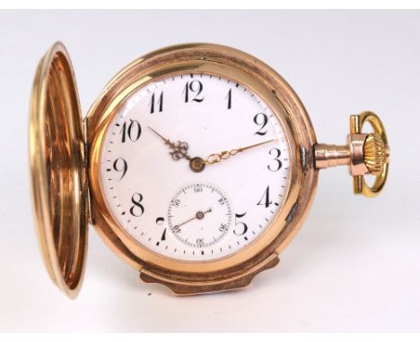 A Swiss gold manual wind mechanical hunter pocket watch, enamel dial, Arabic numerals, subsidiary seconds, stamped '585'.Illu