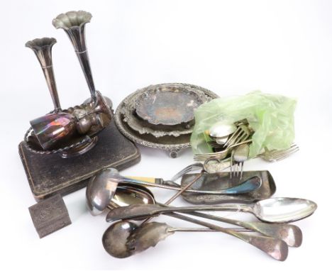Four electroplate fiddle and Old English pattern electroplate basting spoons, soup ladle, crumb tray, salad servers and other
