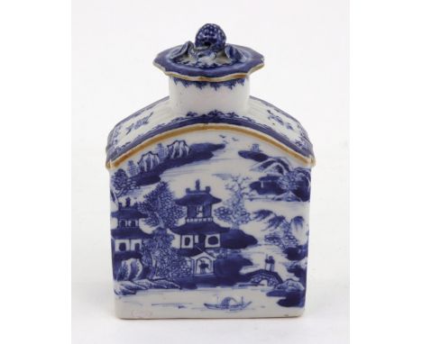 A Chinese Export blue and white tea caddy and cover, Qianlong, painted with willow pattern water landscape scenes and flowers