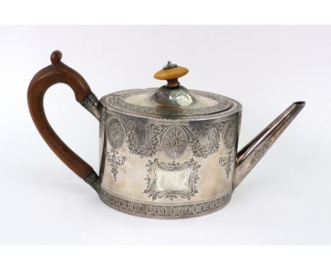 A George III oval silver teapot, Henry Chawner, London 1790, bright cut engraved, the sides with an upper frieze of alternati