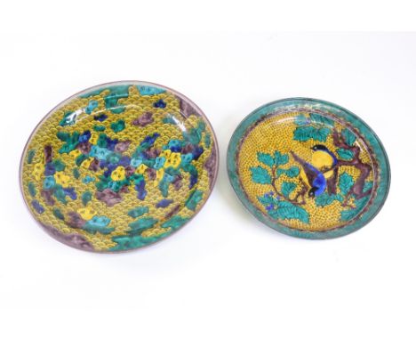 Two Japanese kutani dishes, 20th century, one painted with birds perched on a flowering branch, 30.5cm diameter, the other wi